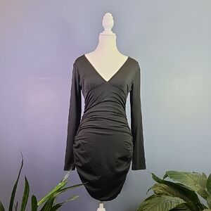 Black Long-Sleeve V-Neck Ruched Women’s Dress S